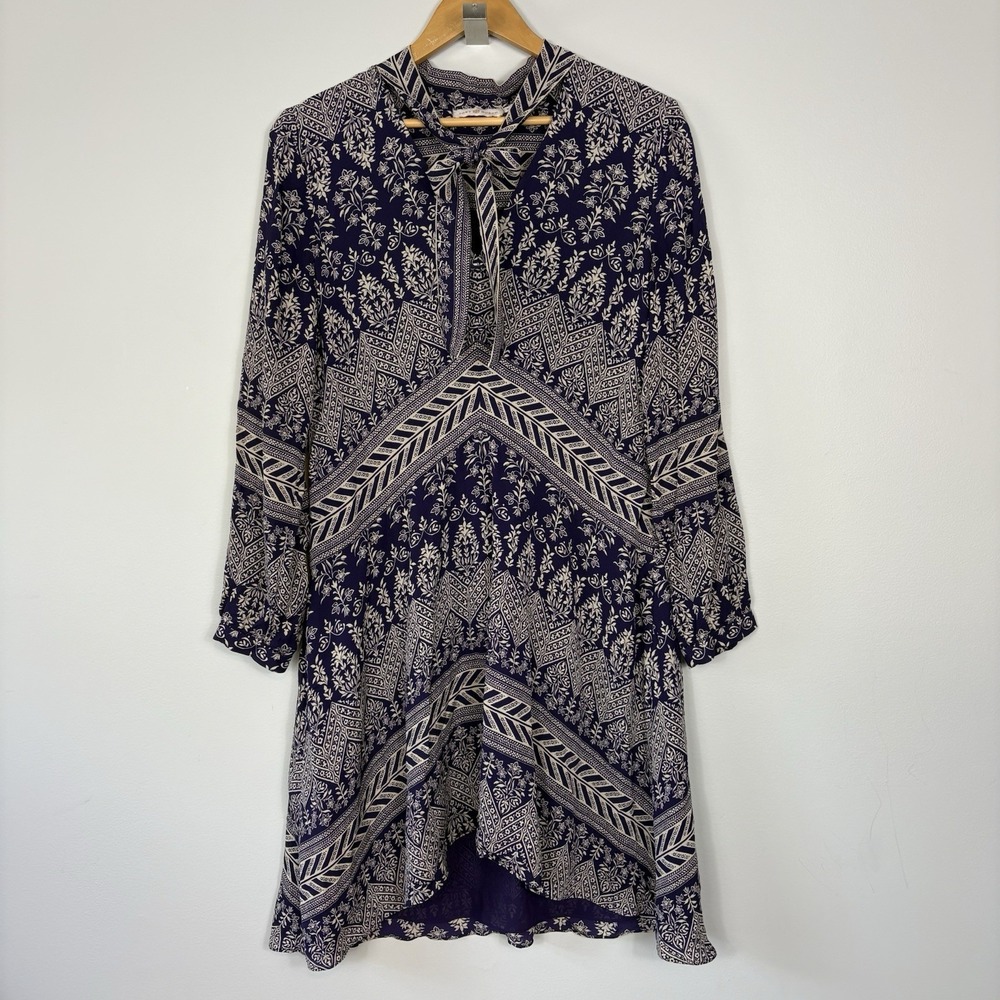 Tory Burch Bourdelle Graphic Floral 100% Silk Dress Purple Silk Tie Neck Sz 10 - Picture 5 of 14